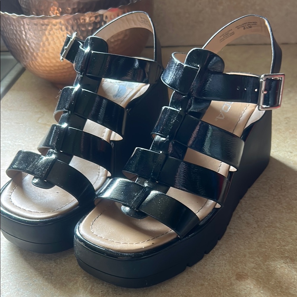 Soda Black Wedge Sandals with Strappy Design